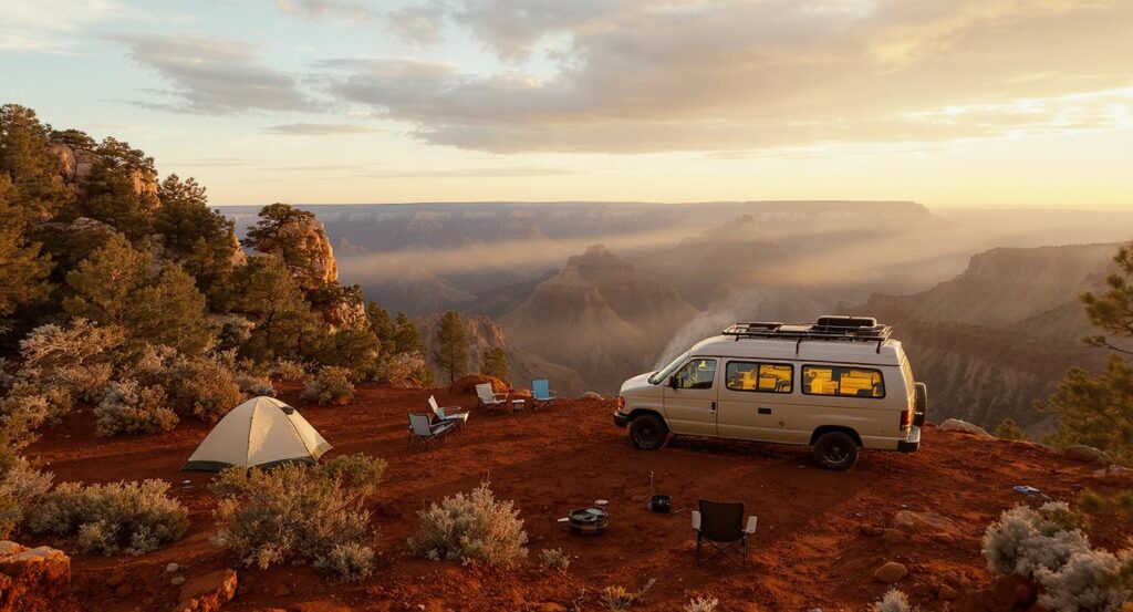 Car camping setup at sunrise near the Grand Canyon in Arizona with an SUV, tent, and red desert cliffs in the background.