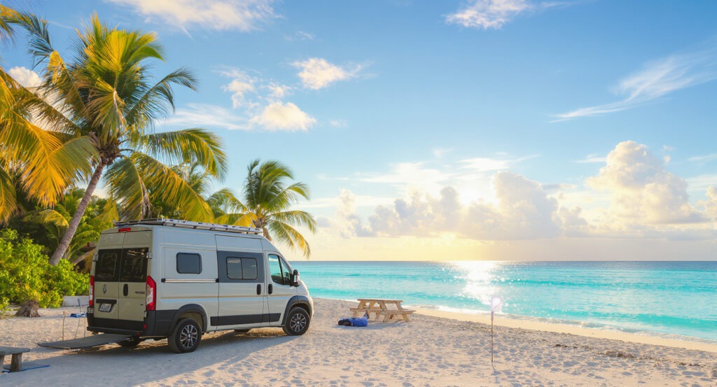 Scenic beachfront car camping setup at sunrise in the Florida Keys with a small camper van, palm trees, and turquoise ocean water.