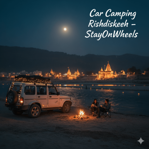 A traveler’s car parked peacefully beside the Ganga in Rishikesh, under a misty Himalayan night — where stillness meets adventure.